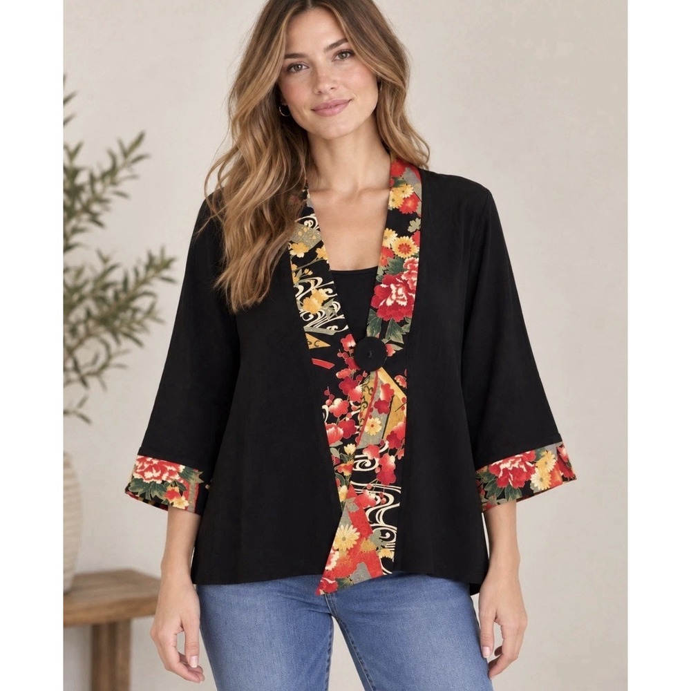Soft Surroundings Black Kimono Jacket Floral Trim 3/4 Sleeve Womens 1X Boho Chic